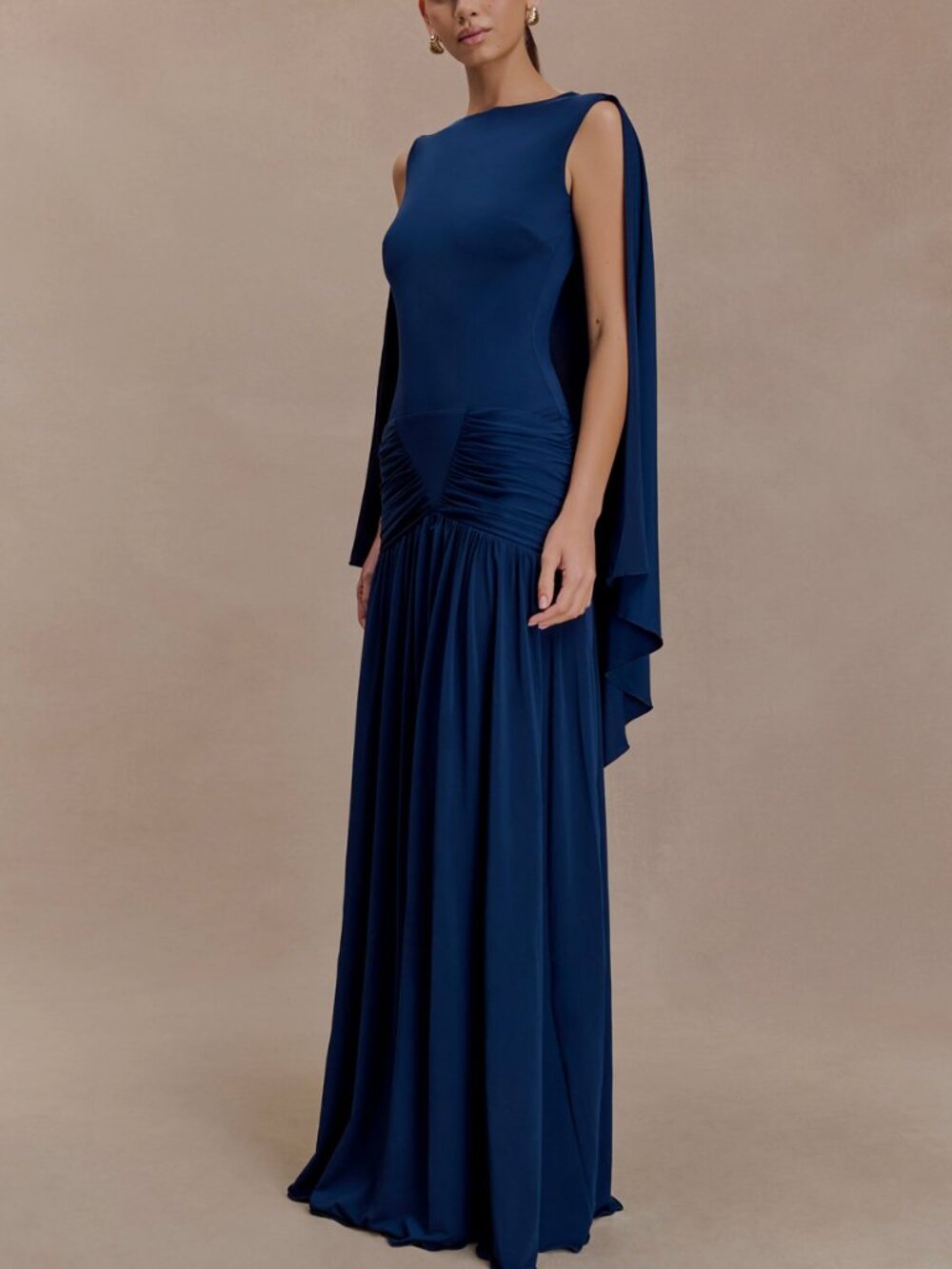 BEST Meshki Emory Jersey Cape Maxi Dress Gown Navy Blue Backless Cocktail Party - Picture 4 of 11
